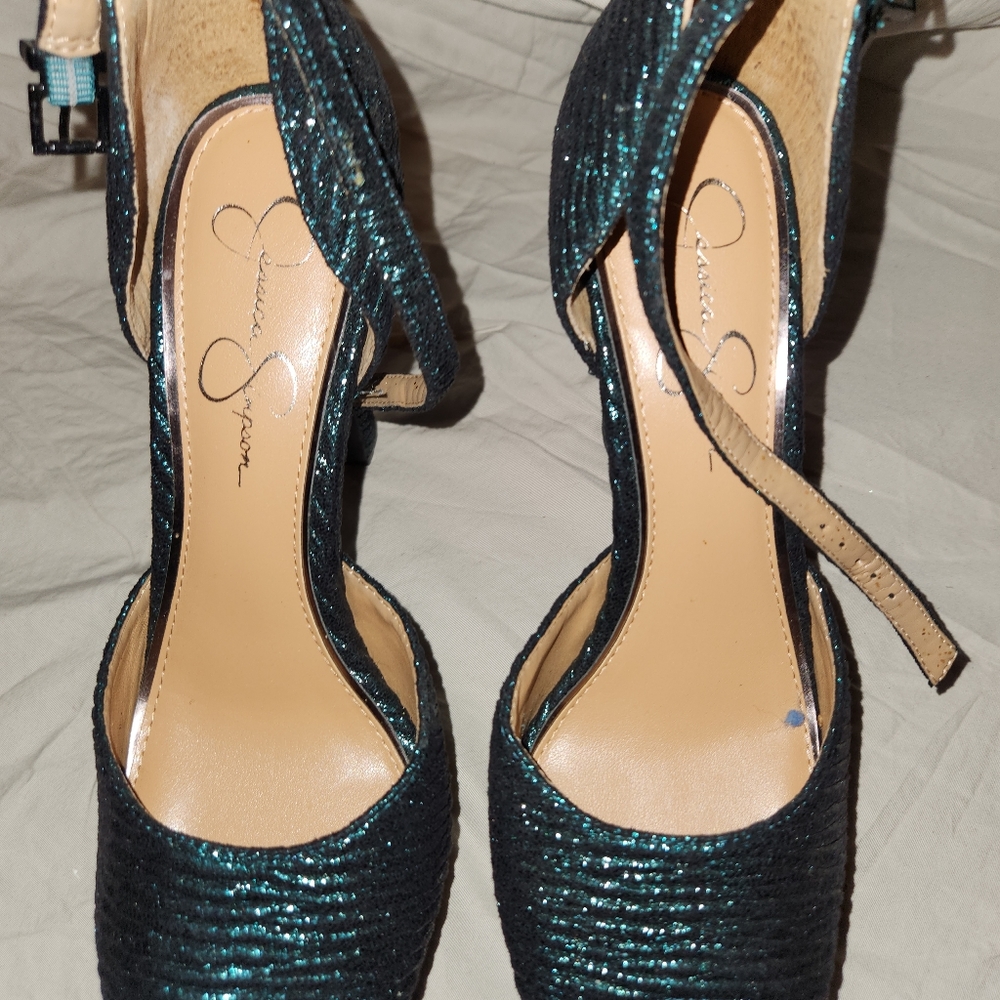 Jessica Simpson Teal Glitter Ankle Strap Heels